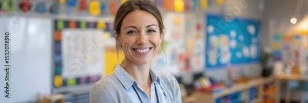 Obraz Smiling young caucasian female teacher in colorful classroom environment.