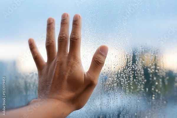 Obraz Hand touching rainy glass window with blurred background.