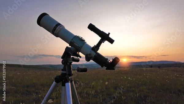 Fototapeta Preparing for night sky observing with a astronomical telescope just before sunset in the countryside.