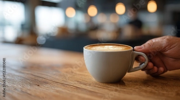 Obraz Hand holding latte cup in cozy café with blurred background lights.