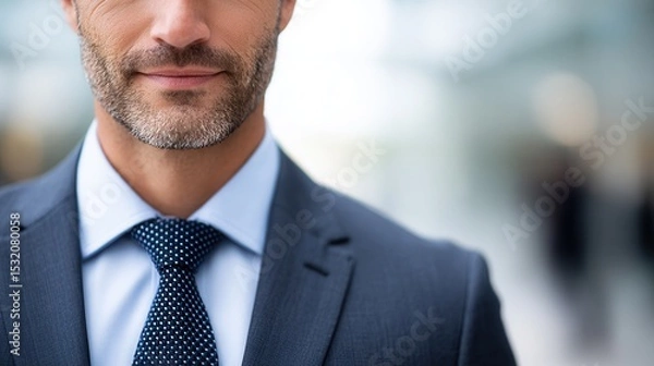 Obraz Confident caucasian mature male in suit with beard and tie in professional setting.