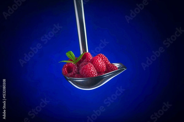Obraz Fresh Raspberries in Stainless Ladle on Blue Background