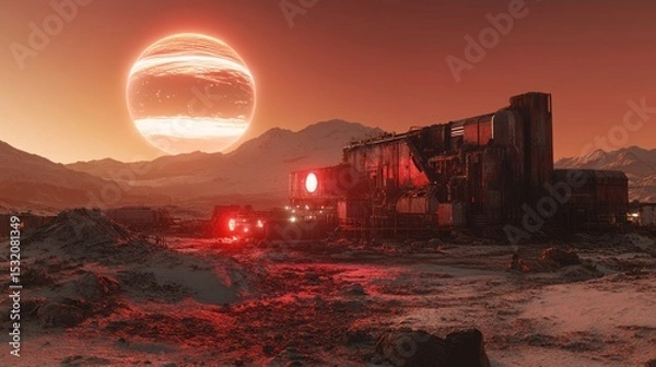 Fototapeta An abandoned industrial facility with partially collapsed roofs and malfunctioning machinery, bathed in ominous red and white lights, on an alien planet with a glowing ringed planet looming overhead.
