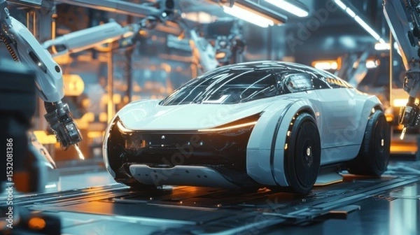 Obraz Futuristic car assembly line.  Automated production of a sleek, white sports car