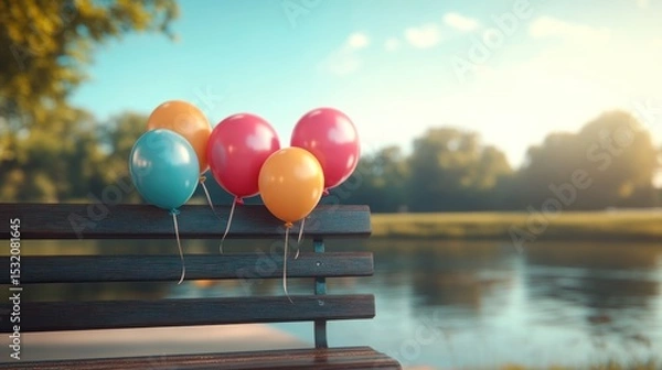 Fototapeta Bright balloons of various shapes and colors tied to a park bench, swaying lightly in the breeze, with a clear blue sky and trees in the distance.