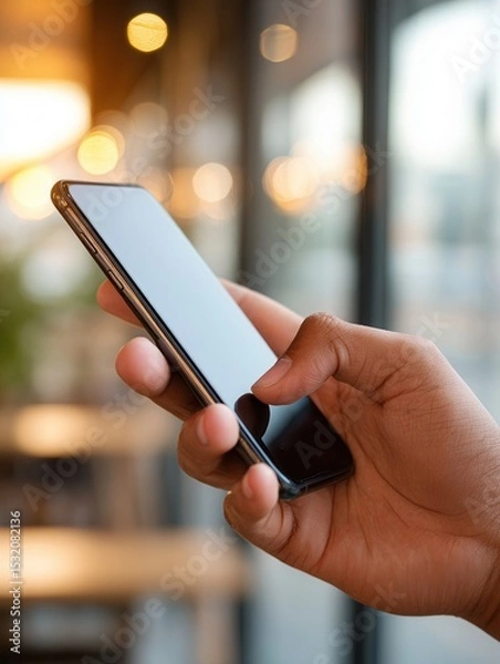 Obraz Close-up of hand holding smartphone indoors with blurred background.