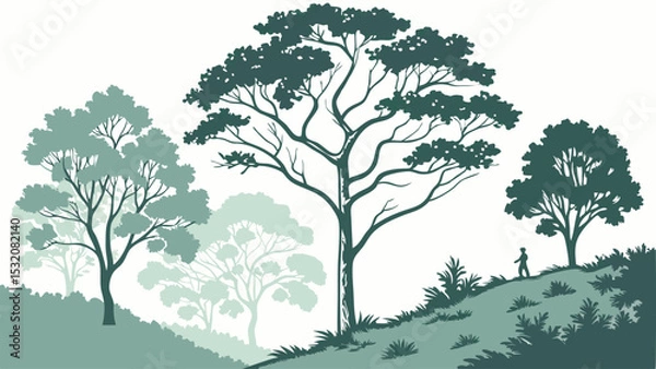 Fototapeta Silhouette of trees and a person walking on a hill in a serene and foggy landscape illustration