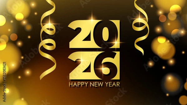 Obraz 2026 Happy New Year celebration banner. Sparkles and ribbons. Bright blurred golden bokeh lights. Vector illustration.	