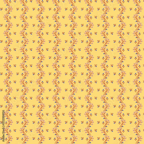Fototapeta Delicate spring small floral vertical borders in blue and purple tones Yellow-cream background Country style tiny flowers pattern