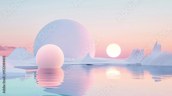 Fototapeta Glossy pastel fashion pink reflective sphere over serene water, smooth icy landscape, soft gradient sky, 3D surreal design, modern minimalism, tranquil nature-inspired scene