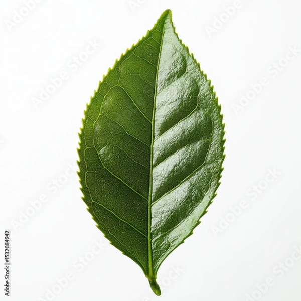 Fototapeta Single green leaf with serrated edges and visible veins is isolated on white background, showcasing its natural texture and vibrant color
