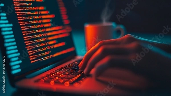 Fototapeta Programmer Coding Late Night on Laptop Red and Blue Light Close Up Hands