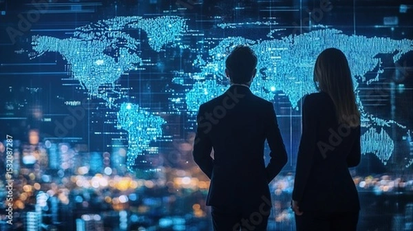 Fototapeta Futuristic world trade summit with international business leaders discussing AI-driven globalization