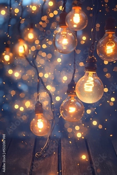 Obraz Warm glowing string lights with vintage bulbs and festive bokeh on wooden background


