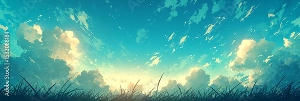 Obraz Scenic sunrise over grassy field with dramatic clouds and bright sky

