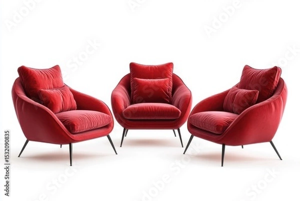 Fototapeta Three red armchairs with pillows on a white background