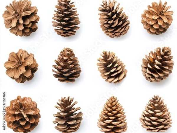 Fototapeta Twelve pine cones isolated on white background