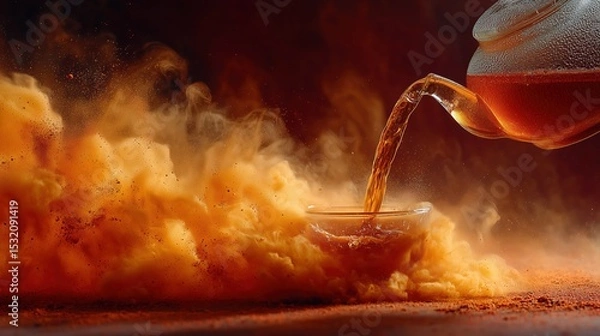 Obraz Warm beverage concept with rich amber tones, transparent teapot and glass cup creating a visually striking and atmospheric food image

