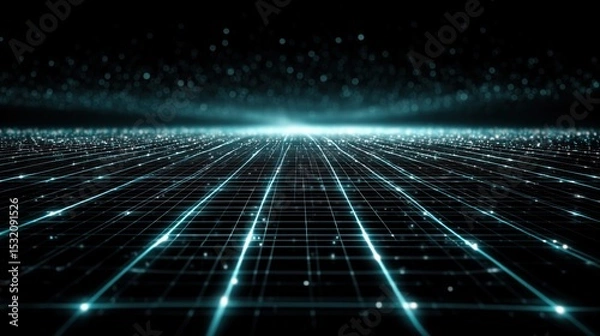 Obraz Futuristic 4D grid visualization with glowing cyan lines stretching into a vanishing point on a dark space background with sparkling particles,
