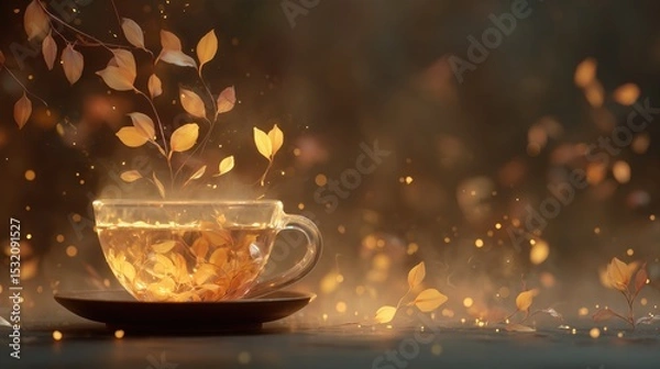 Obraz Creative beverage concept showcasing magical tea presentation with luminous leaf elements and rich cozy tones for lifestyle design

