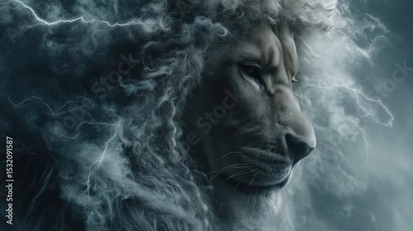 Obraz Fantasy portrait of a majestic lion-headed hybrid creature surrounded by swirling storm clouds and lightning in dark dramatic tones,

