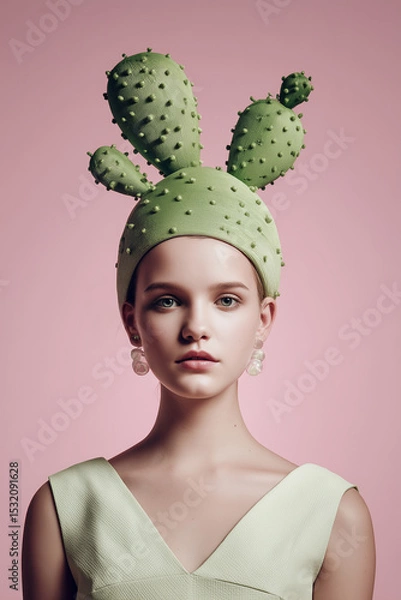 Obraz  model wearing a couture hat in the shape of a cactus