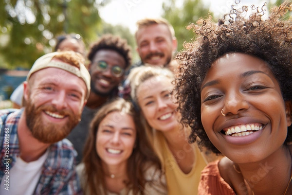Obraz group of diverse friends laughing together in a sunny park 