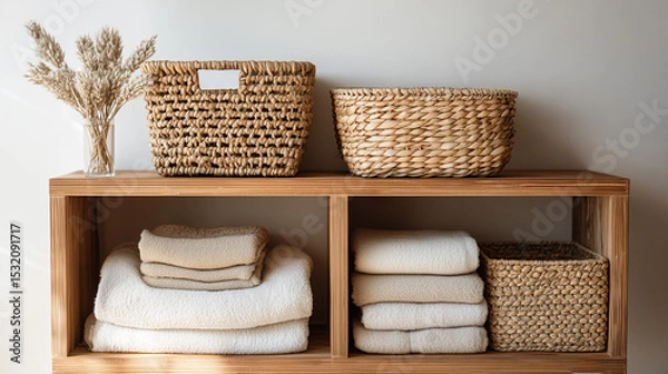 Obraz organized wooden shelf with woven baskets and folded linen towels