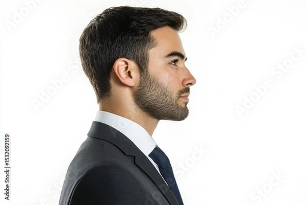 Fototapeta Profile portrait of a man in a suit on white background