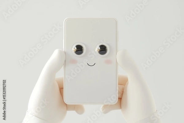 Fototapeta Hands in white gloves holding a white rectangular object with googly eyes and a smile on a white background