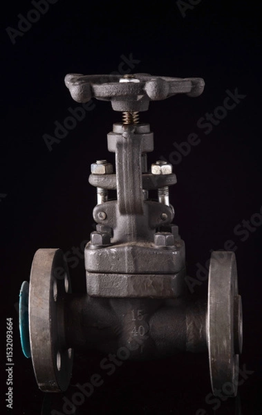 Obraz Industrial high-pressure shut-off valve made of metal, isolated on a dark background.