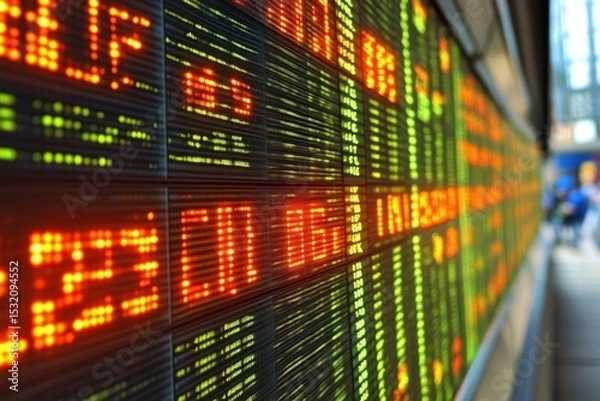 Fototapeta Electronic stock market display board with red and green digits