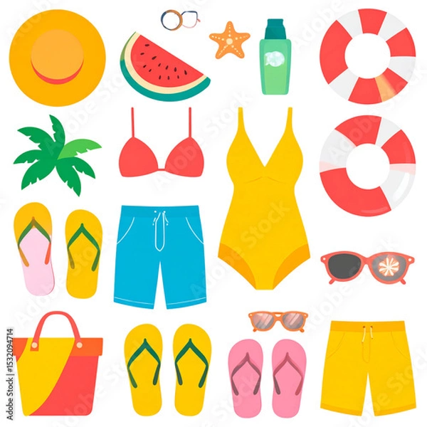 Obraz A vector set of summer fashion icons, including swimwear, bags, and shoes, perfect for beach-themed designs