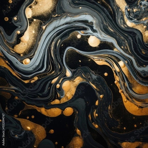 Fototapeta Marble swirls of gold and black, elegant texture design element for greeting cards and labels, abstract background.
