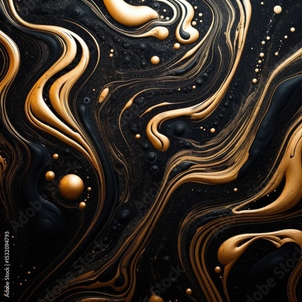 Fototapeta Marble swirls of gold and black, elegant texture design element for greeting cards and labels, abstract background.