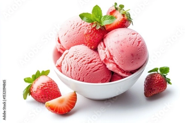 Fototapeta Strawberry ice cream in white bowl with fresh strawberries, isolated on white