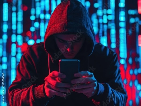 Fototapeta Person in hoodie using a smartphone against a digital background