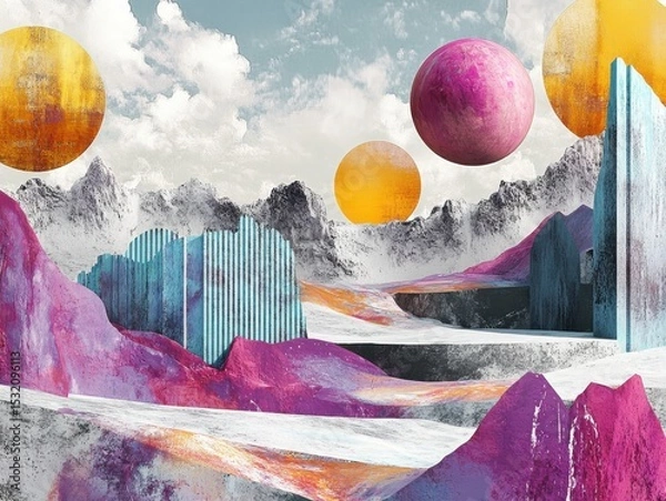 Fototapeta Abstract landscape with spheres and mountains on white background