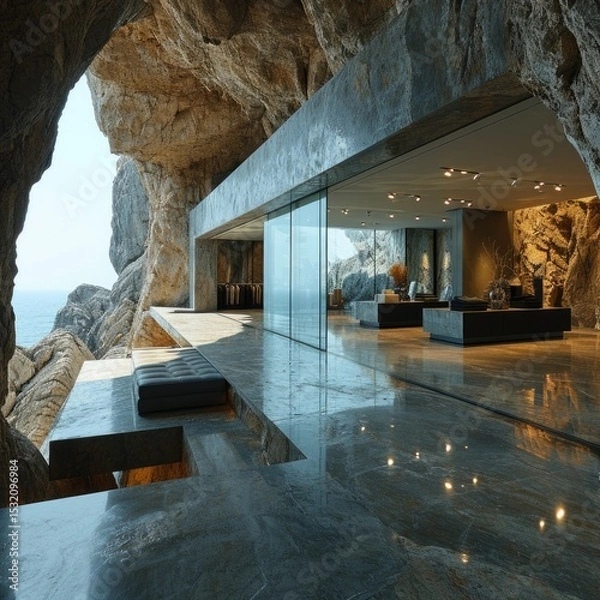 Fototapeta Enchanting Nature-Integrated Dwellings: Modern architecture Mediterranean sea rocky cliffs minimal architecture integrated into caves with open frontage.