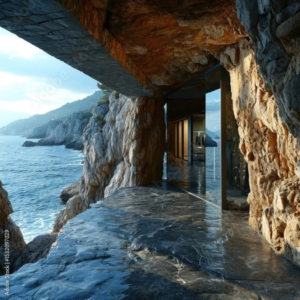 Fototapeta Enchanting Nature-Integrated Dwellings: Modern architecture Mediterranean sea rocky cliffs minimal architecture integrated into caves with open frontage.