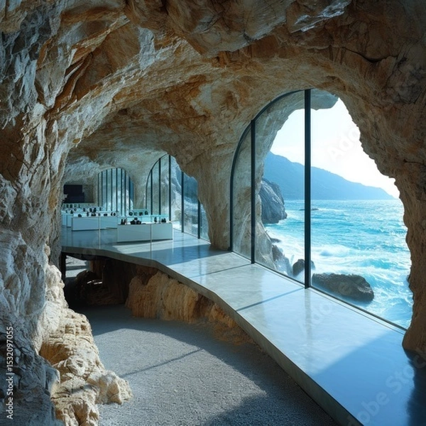 Fototapeta Enchanting Nature-Integrated Dwellings: Modern architecture Mediterranean sea rocky cliffs minimal architecture integrated into caves with open frontage.