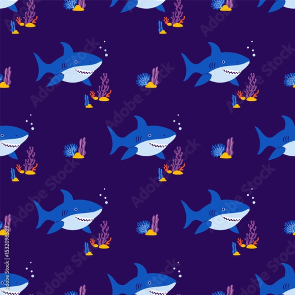 Fototapeta Underwater Seamless Pattern. Shark, Plant algae and coral on dark Blue Background. Vector Illustration