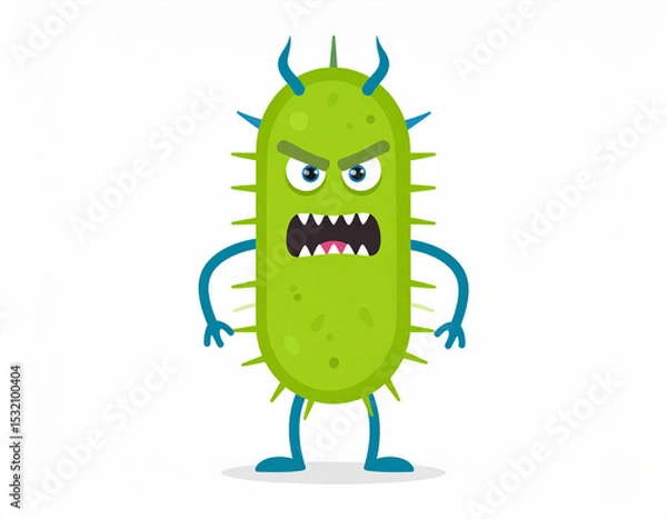 Fototapeta A bacteria character with an evil expression, isolated on a white background.