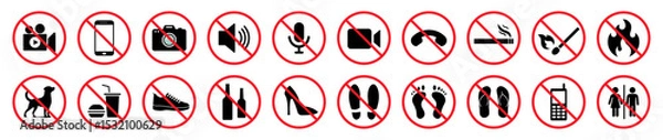Obraz Flat vector icon set with 20 prohibition signs in red circles. Restricted items like camera, phone, loud sound, fire, food, pets, smoking, footwear, and more. Isolated on white background.