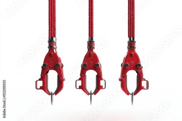 Fototapeta Three red ice climbing tools hanging on white background