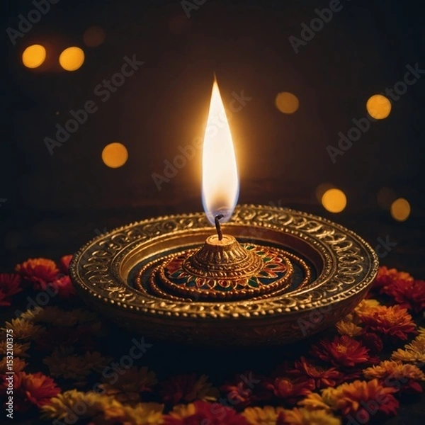 Obraz Ornate oil lamp with flickering flame surrounded by marigold petals