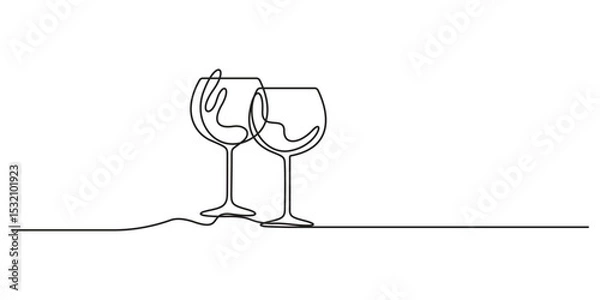 Fototapeta Single line drawing of two glasses of red wine, Two glasses of red wine in one continuous line drawing. Champagne toast and cheers in simple linear style. Alcohol and cocktail drink menu graphic art