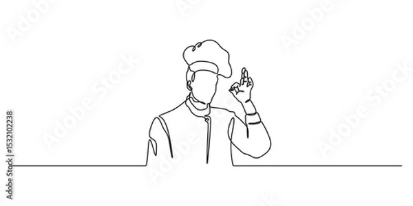 Fototapeta Continuous one line drawing of young excited handsome attractive male chef pose standing and giving okay gesture. Restaurant banner concept single one line drawing vector illustration