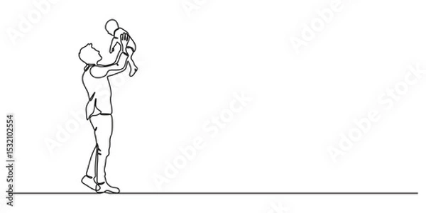 Fototapeta Father's Day greeting card. Continuous one line drawing of dad tosses a toddler. Father with son vector illustration