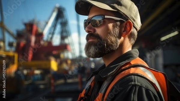 Fototapeta Transportation shipping, Crane operator in a busy seaport, cargo containers in the background.